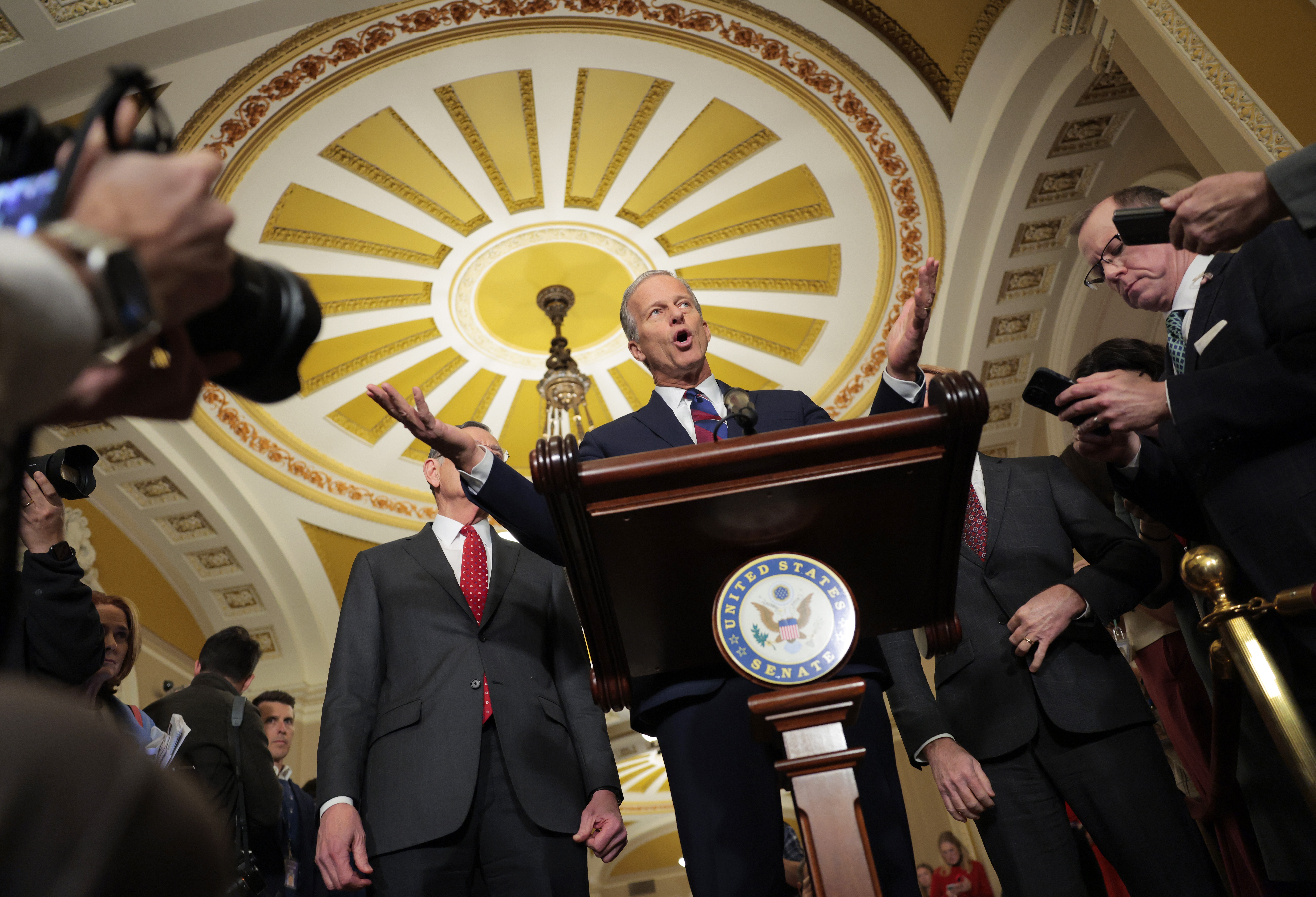 Senate Majority Leader John Thune, R-S.D., addressed reporters in December. Thune says he expects briefings this week on the strikes in Venezuela and arrest of Venezuelan president Nicolás Maduro. (Getty Images North America)
