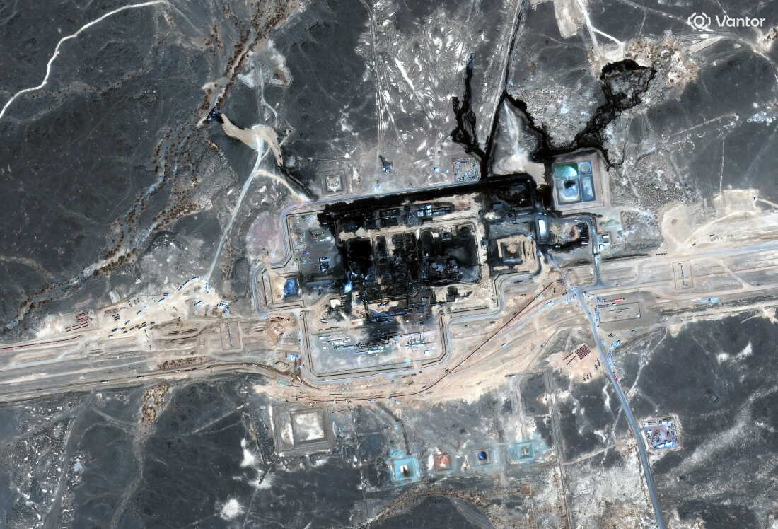A satellite image captured by Vantor on Sep. 13, 2026 shows damage to a pumping station along a cross-country pipeline used by Saudi Arabia to move oil.