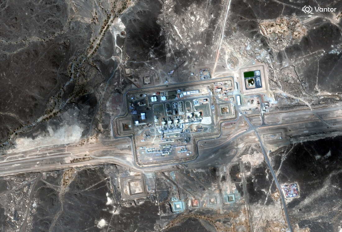 A satellite image captured by Vantor on Sep. 13, 2026 shows damage to a pumping station along a cross-country pipeline used by Saudi Arabia to move oil. Satellite image ©2026 Vantor.