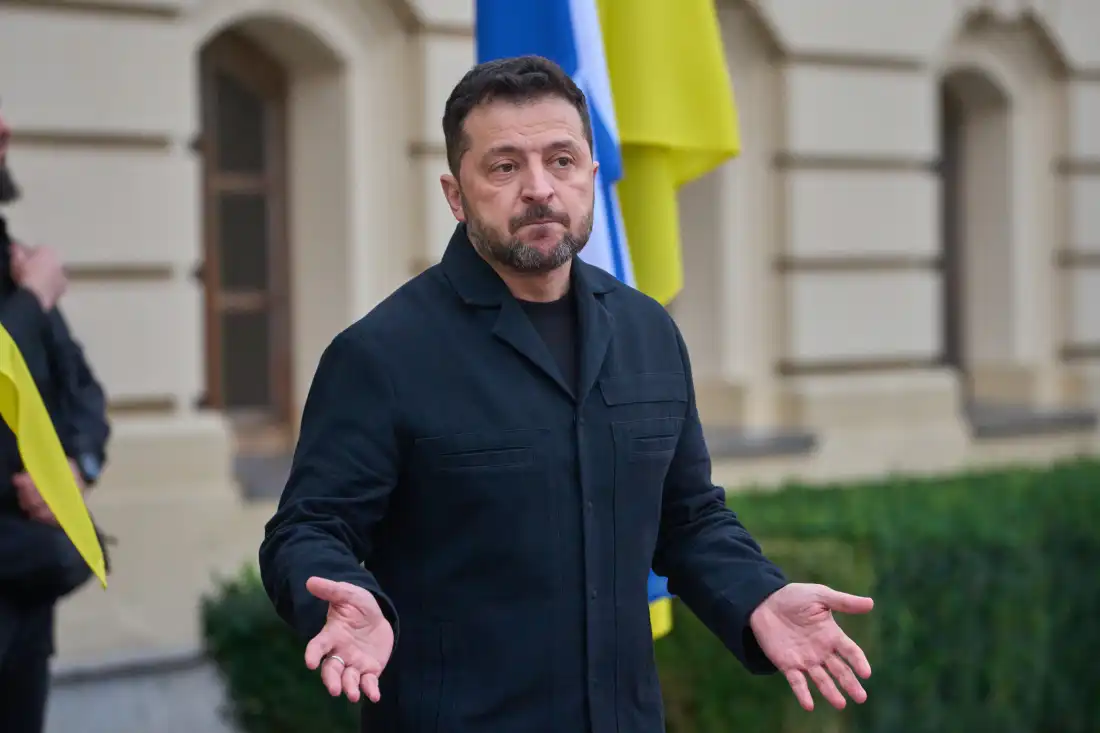 Ukraine's President Volodymyr Zelenskyy answers media questions before his meeting with Finnish Prime Minister Petteri Orpo in Kyiv, Ukraine, on Thursday.