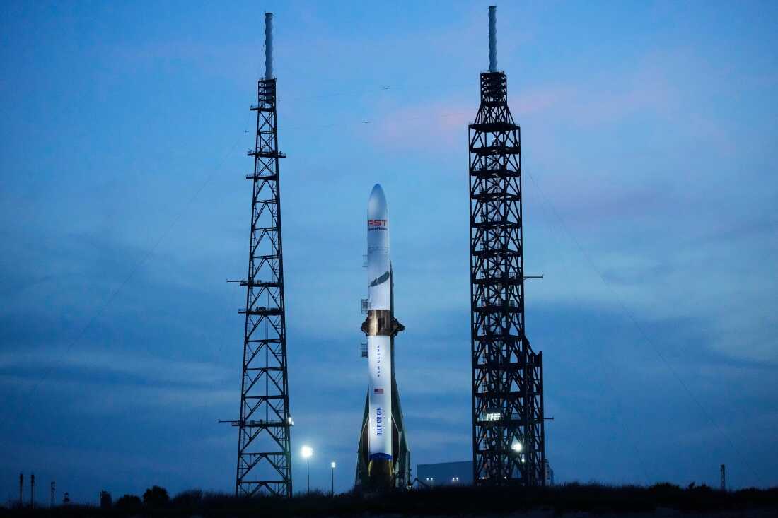 A Blue Origin New Glenn rocket stands ready for launch at the Cape Canaveral Space Force station in Cape Canaveral, Fla., April 18, 2026. 