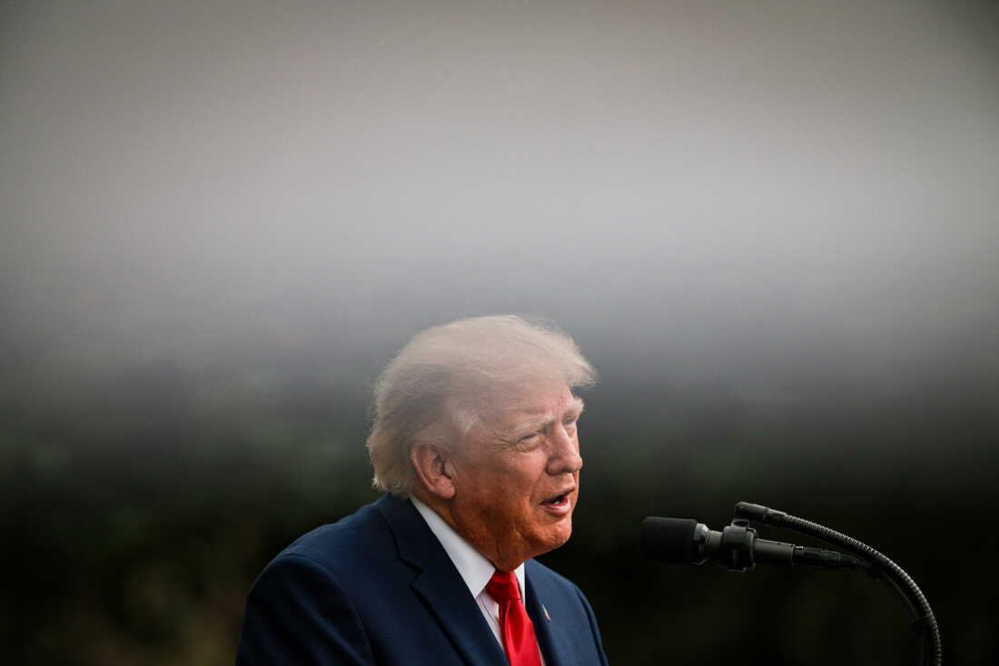 President Donald Trump speaks during a ceremony commemorating the 25th anniversary of the September 11th terrorist attacks in the courtyard of the Pentagon on S
