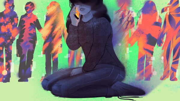 An illustration of a woman on the phone, looking nervous as a group of anonymous women holding hands stand behind her. The woman is seen in darker colors while the people around her are shown in red and orange hues. 