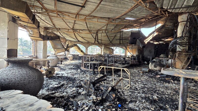 The charred interiors of a nightclub, which caught fire early Sunday, are seen in Arpora, Goa, India, Sunday, Dec. 7, 2025. (AP Photo)