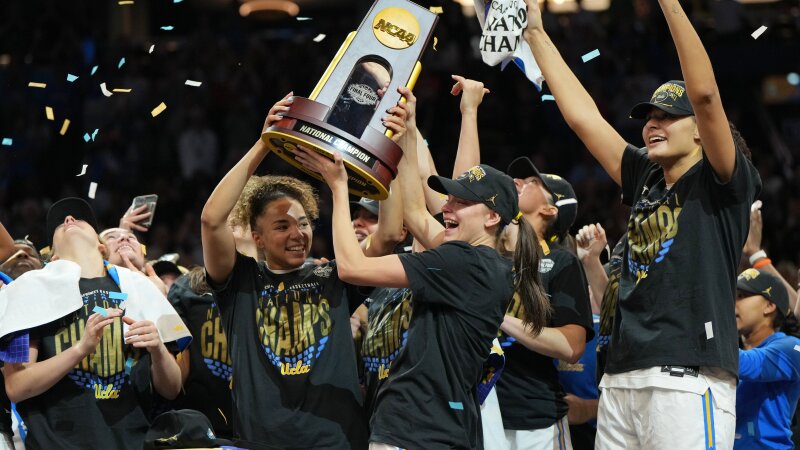 UCLA players celebrate after defeating South Carolina in the women's National Championship Final Four NCAA college basketball tournament game on Sunday in Phoenix.