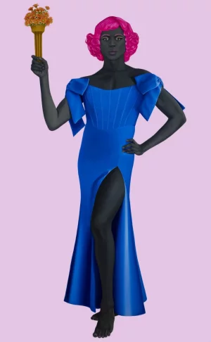 A painting of a trans woman with pink hair and a blue gown, holding a torch in the pose of the statue of liberty Trans Forming Liberty by Amy Sherald - Smithsonian