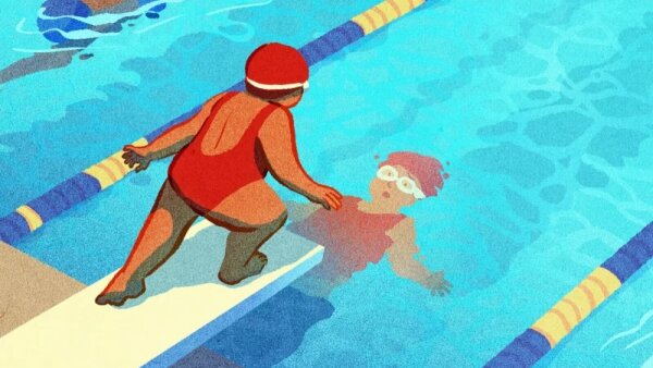 A high-angle illustration shows a person in a one-piece red swimsuit, swim cap and goggles standing at the edge of a swim lane on a diving board, peering tentatively into the swimming pool water. Their reflection shows back with a look of fear and trepidation.