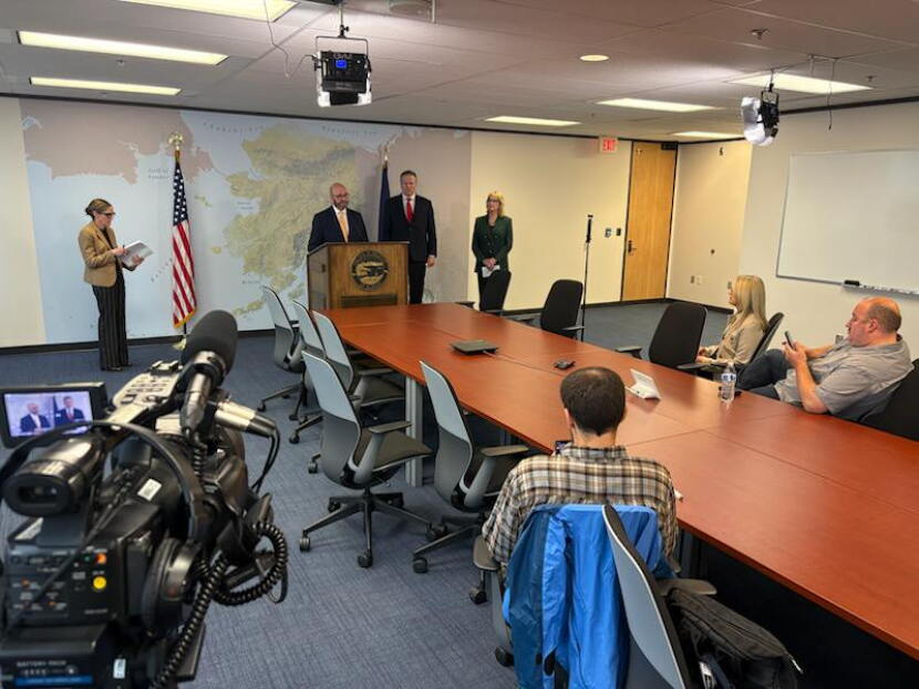 Gov. Mike Dunleavy, Lt. Gov. Nancy Dahlstrom and Stephen Cox, general counsel to Dunleavy, speak at a news conference on Sep. 7, 2026 defending the decision to re-certify Treg Taylor as a candidate for governor on the general election ballot, citing issues with multiple candidates' financial disclosure reports and litigation risks if he were disqualified.