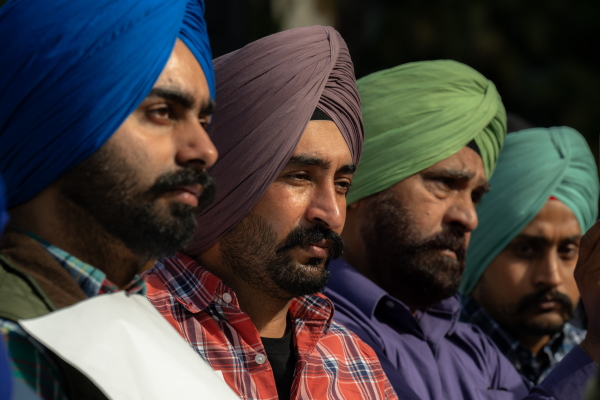 Members of the Sikh community pray at the closing event at the California State Capital where the 300 mile march concluding starting from Bakersfield. Sacramento, California. November 1, 2024. The Jakara Movement’s powerful "Nirbhau & Niyaa Morcha" (Fearless for Justice March), a 24-day, 350-mile on foot march from Bakersfield to Sacramento commemorates 40 years since the 1984 Sikh Genocide.