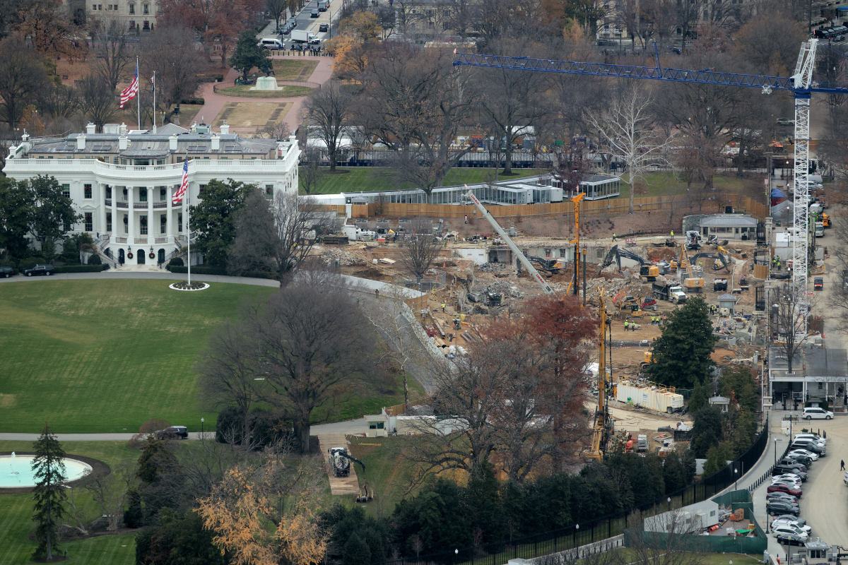 Demolition work continues where the East Wing once stood at the White House on December 08, 2025 in Washington, DC.