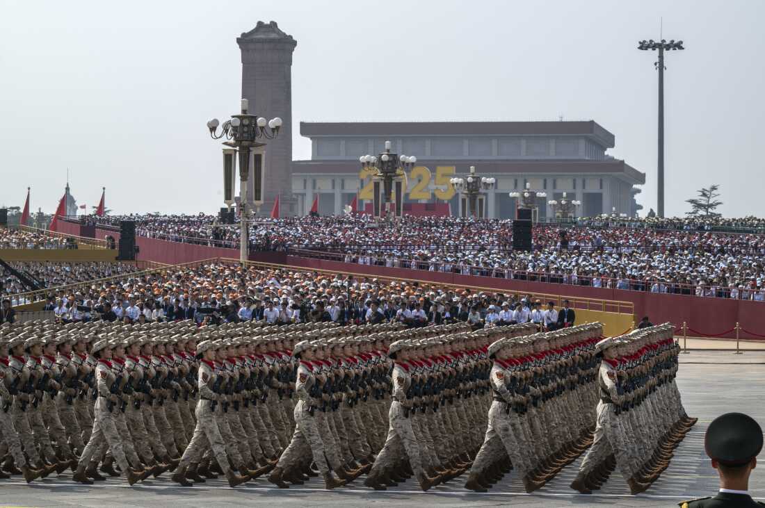 Chinese soldiers march during a military parade marking the 80th anniversary of victory over Japan and the end of World War II, in Tiananmen Square on Sept. 3, 2025, in Beijing.