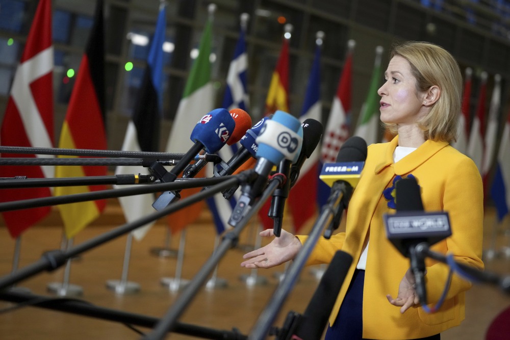 European Union foreign policy chief Kaja Kallas speaks with the media as she arrives for a meeting of EU foreign ministers at the European Council building in Brussels, Monday, Feb. 24, 2025. (AP)
