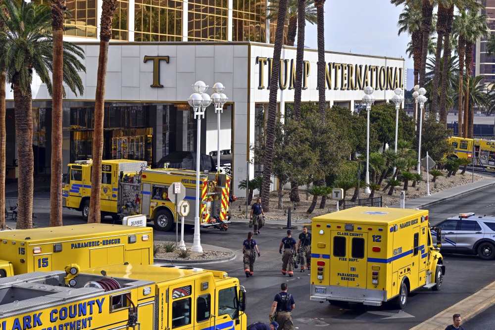 Fire vehicles surround the valet area where a Tesla Cybertruck caught fire at the Trump International Hotel in Las Vegas on Jan. 1. (Getty Images)