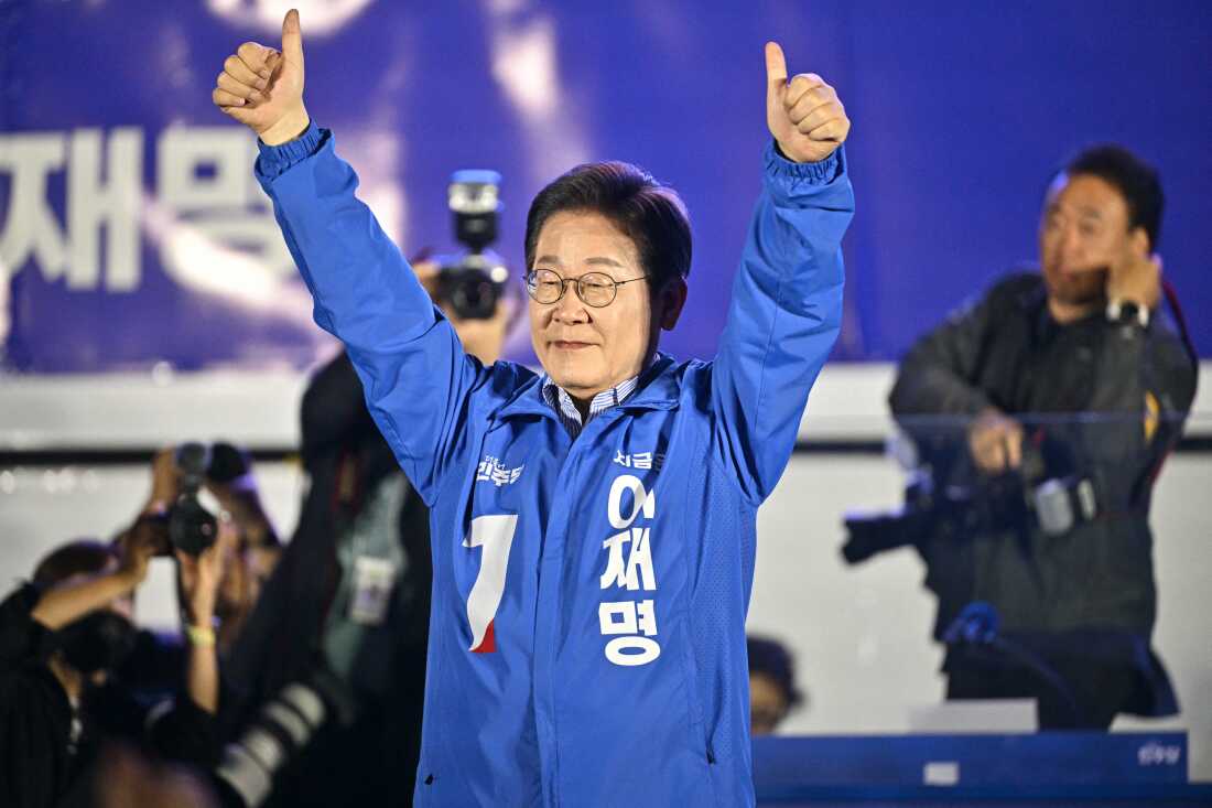 Lee Jae-myung, the presidential candidate for South Korea's Democratic Party, gestures onstage during his final election campaign event ahead of the upcoming June 3 presidential election in Seoul on June 2, 2025. (Photo by ANTHONY WALLACE / AFP) (Photo by ANTHONY WALLACE/AFP via Getty Images)