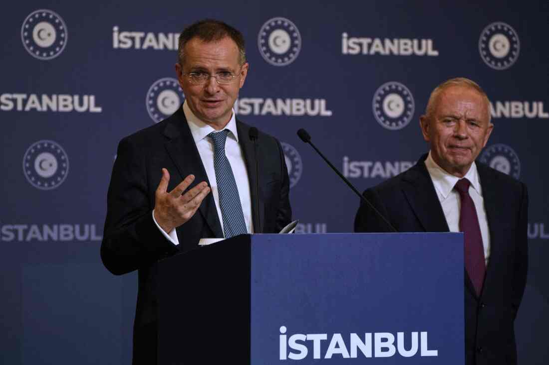 Russian presidential aide Vladimir Medinsky (left) talks to journalists during a news conference following a meeting between Russian and Ukrainian delegations at Ciragan Palace, in Istanbul, Turkey, Wednesday.