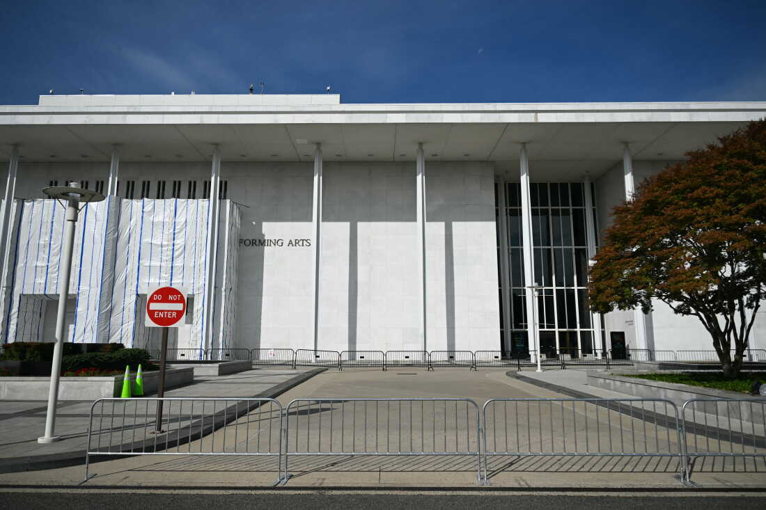 The blocked-off entrance to the John F. Kennedy Center for the Performing Arts on Oct. 1. The center has been shut to the public since September.