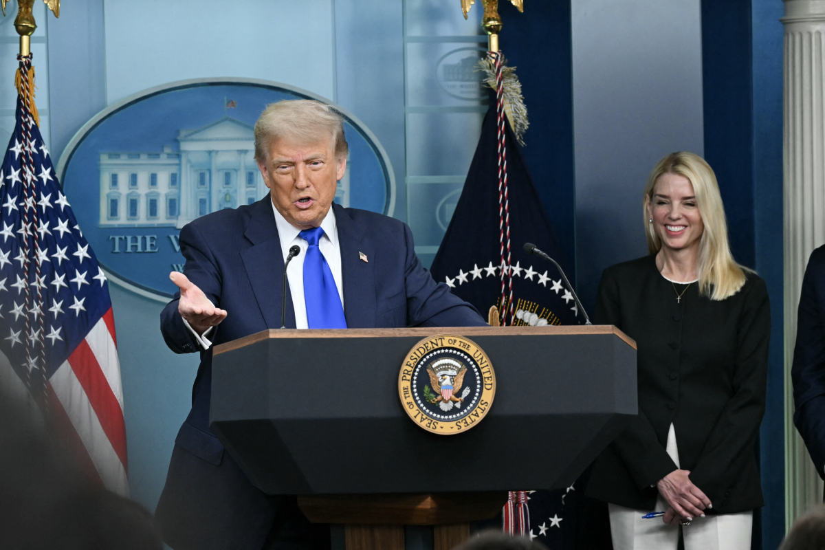 President Trump speaks alongside Attorney General Pam Bondi during a news conference in the Brady Briefing Room of the White House on June 27. President Trump claimed a 'GIANT WIN' after the Supreme Court curbed the power of lone federal judges to block executive actions.