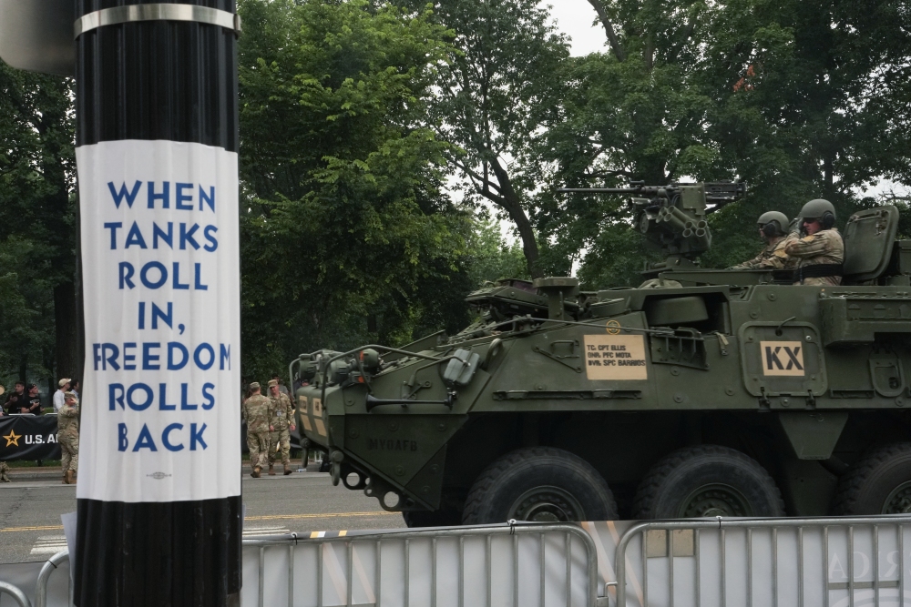 Members of the U.S. Army drive a Stryker infantry carrier vehicle during Saturday's 250th anniversary parade in Washington, D.C. (Getty Images)
