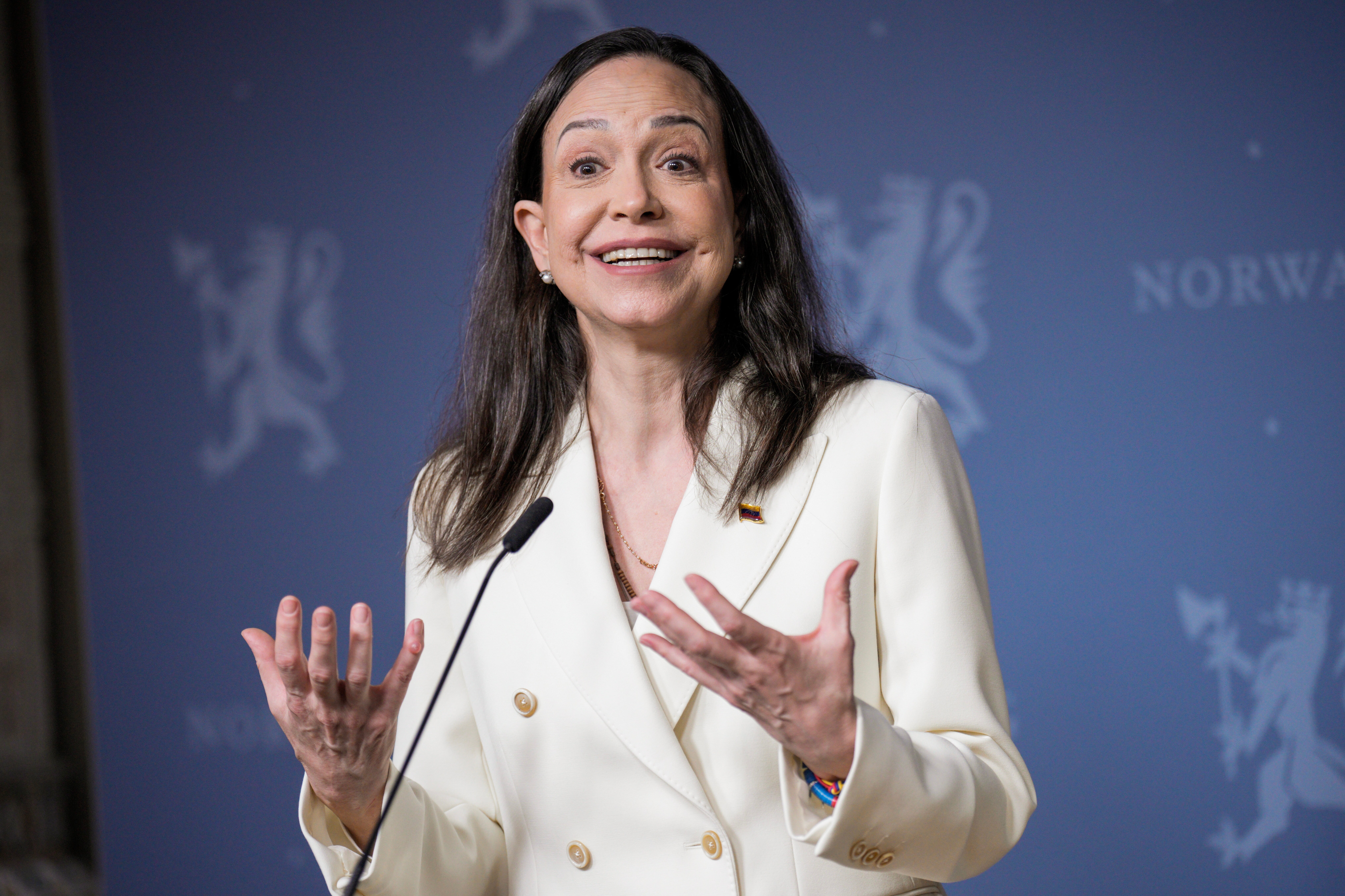 Nobel Peace Prize laureate María Corina Machado speaks during a press conference at the government