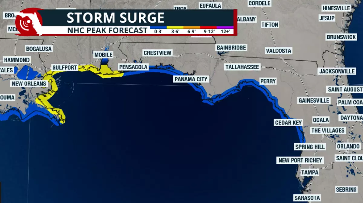 Storm surge will be impacting the Gulf Coast, including the Big Bend and Florida's Panhandle coast, as the storm's wind field will expand.