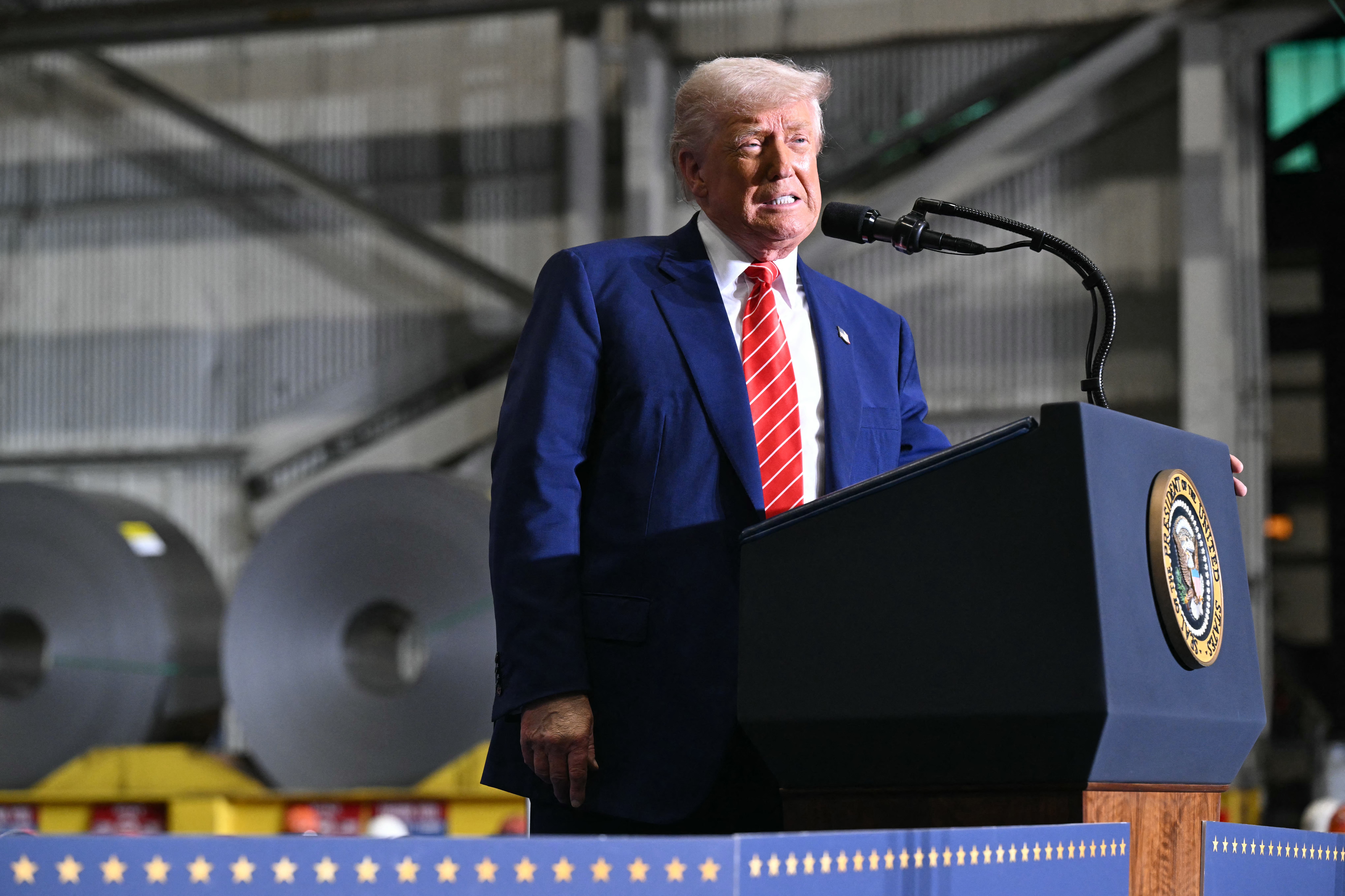 President Trump speaks during a visit to U.S. Steel - Irvin Works in West Mifflin, Pa., on Friday. <br>