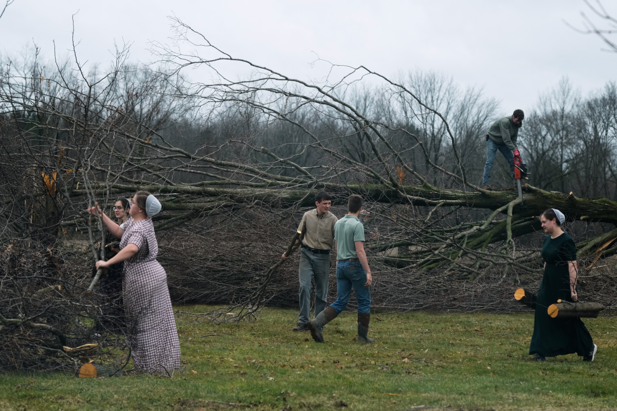 Volunteers work to clear branches and tress felled by a storm that whipped up a tornado a day earlier, in Union City, Mich. on Saturday.