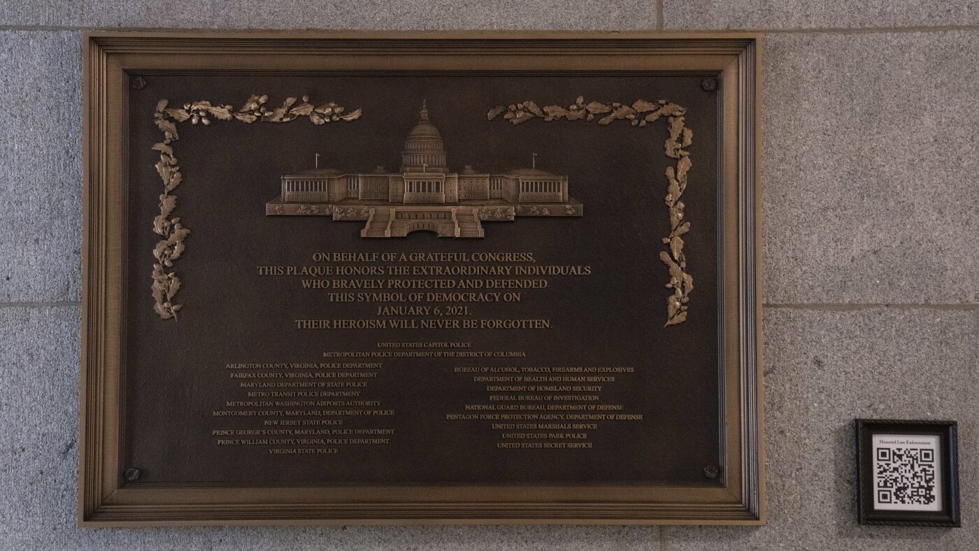 Jan. 6 plaque honoring cops is now displayed on the Capitol after a 3-year delay : NPR