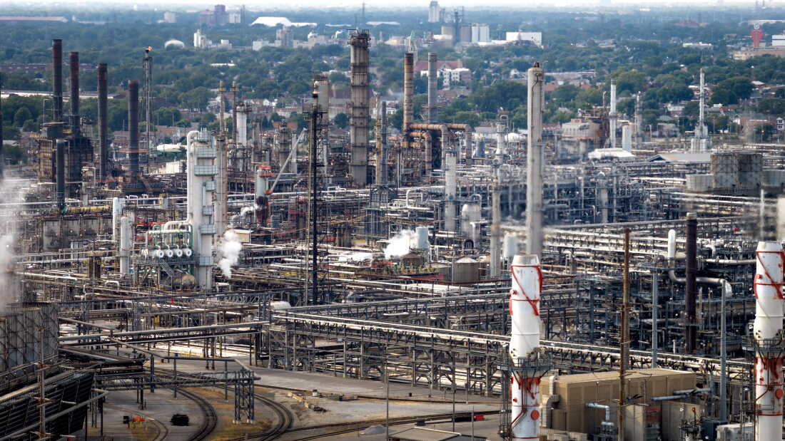 An aerial view shows the sprawling BP refinery in Whiting, Indiana.