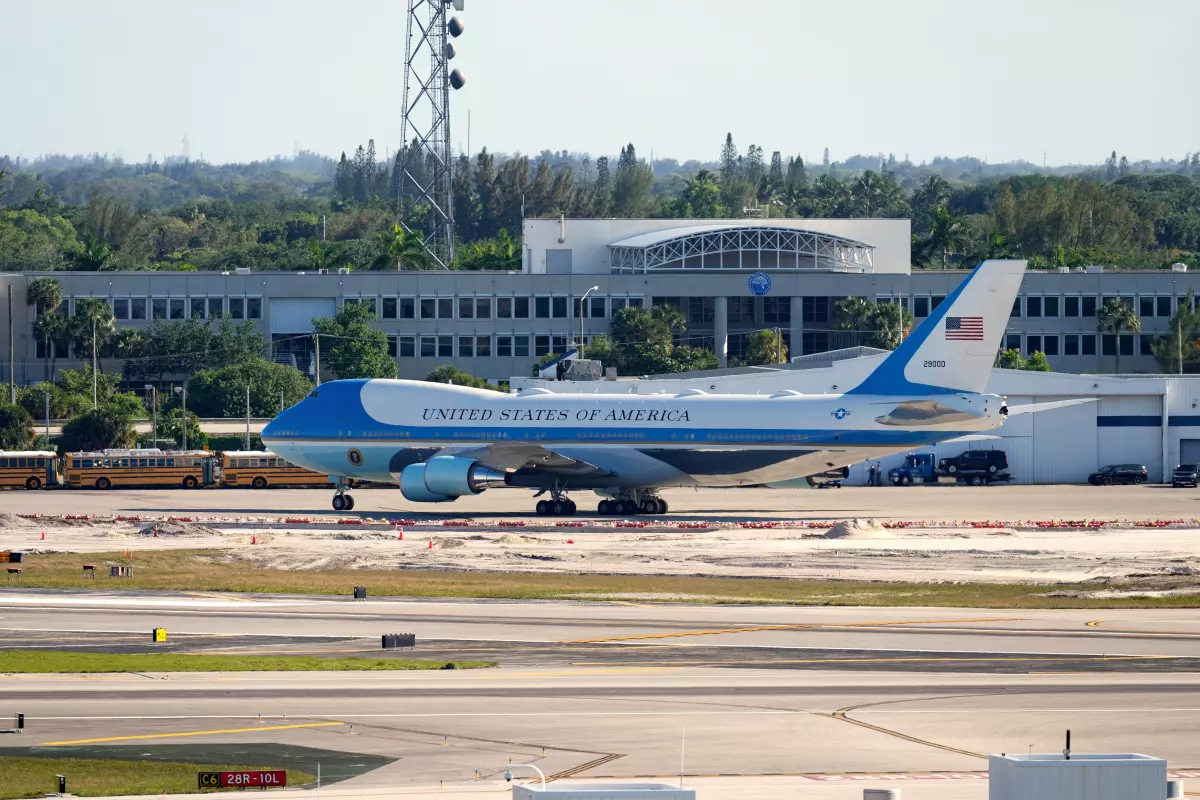 Air Force One pictured outside Palm Beach International Airport in April. Trump makes frequent trips to his Florida home.