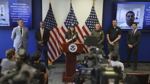 Homeland Security Secretary Kristi Noem holds a news conference regarding the recent protests in Los Angeles. She was interrupted by U.S. Senator Alex Padilla, a Democrat representing California, who tried to shout a question. Padilla was wrestled out of the room by security and briefly handcuffed.