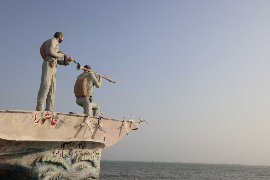 A sculpture overlooking the Strait of Hormuz is seen along the seafront in the port city of Bandar Abbas, in southern Iran, on Aug. 10.