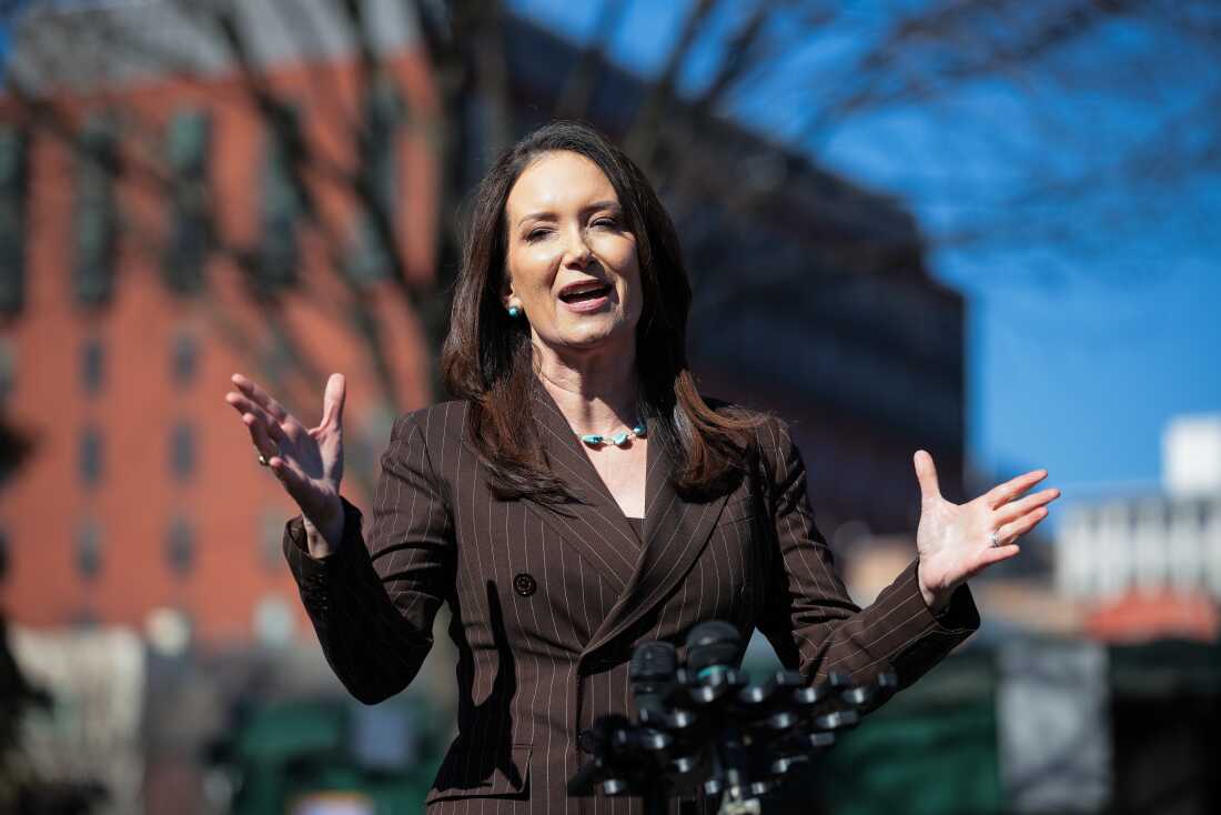 U.S. Agriculture Secretary Brooke Rollins speaks to the press outside the White House on February 14, 2025 in Washington, D.C.