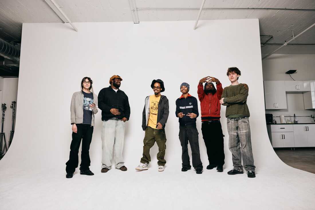 MIKE (second from left) and Earl Sweatshirt (third from left) with the members of Surf Gang, the New York-based collective who produced the rappers' new double album, Pompeii // Utility.
