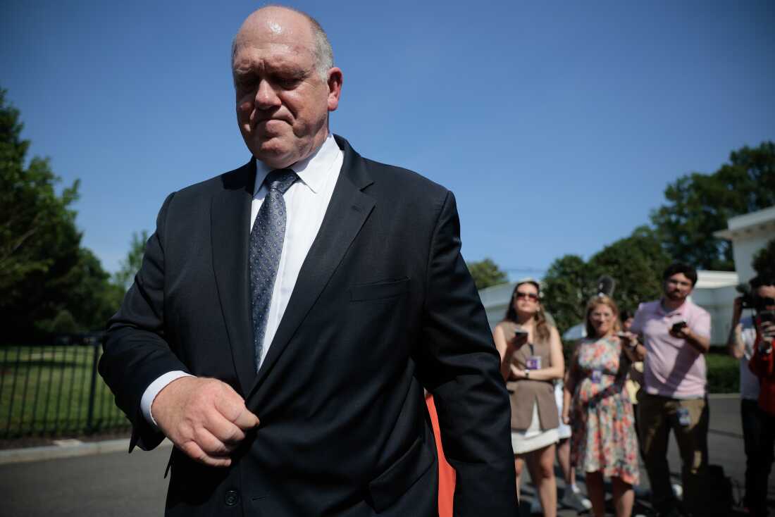 White House Border Czar Tom Homan walks away after talking to reporters after doing television interviews outside the West Wing of the White House on June 30, 2026 in Washington, DC.