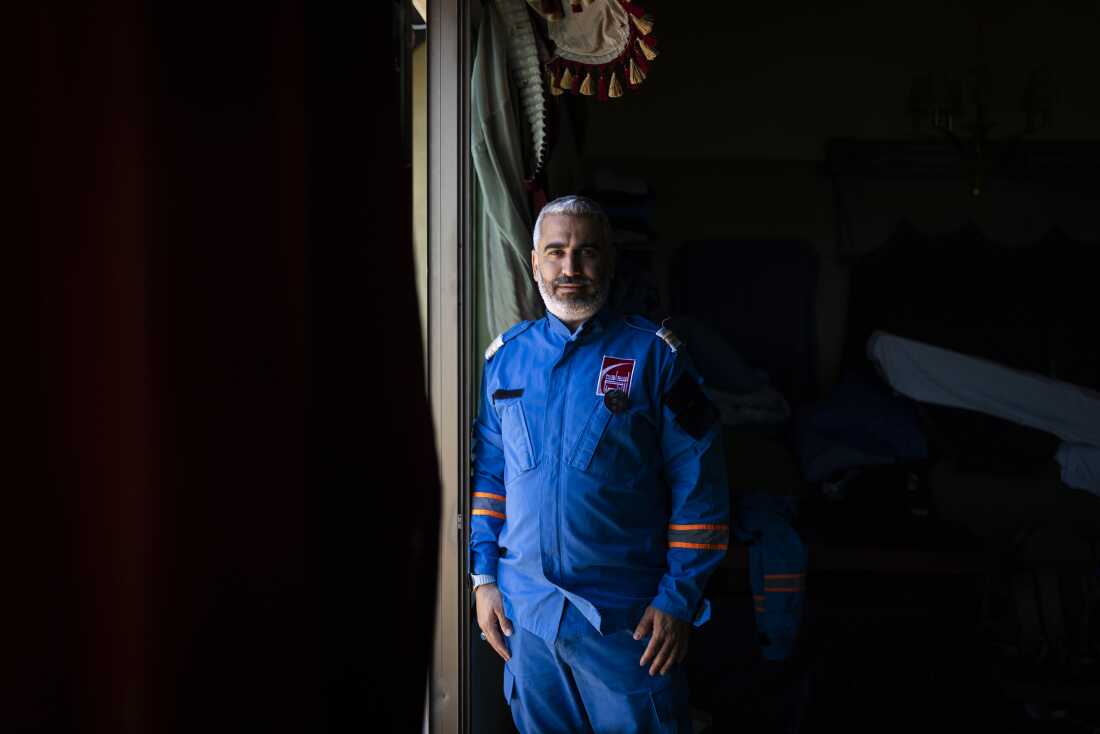 Portrait of Mohammed Suleiman, chief paramedic of Nabatieh. His son, Joud Suleiman, was killed in an Israeli strike in March while en route to a rescue mission, alongside Ali Jaber, 24.