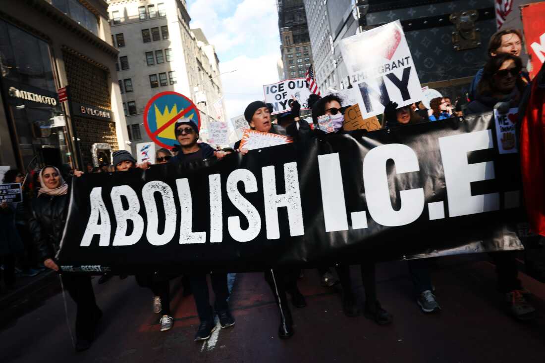 Thousands of people participate in a protest against the policies, both foreign and domestic, of the Trump administration on Sunday in New York City.
