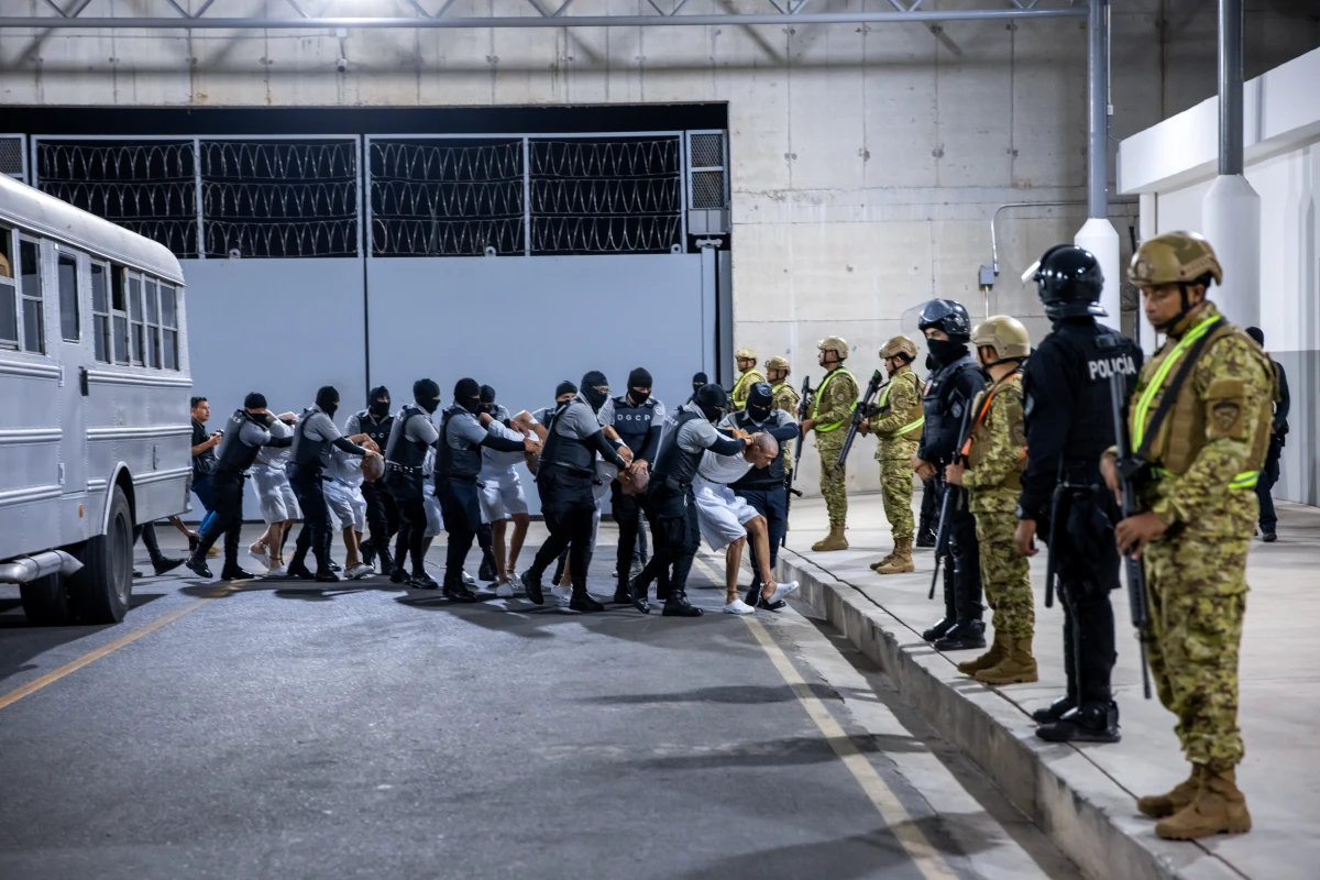 17 alleged members of Venezuela's Tren de Aragua gang and members of the MS-13 gang, who were deported to El Salvador by the US in San Salvador, El Salvador on March 31, 2025.