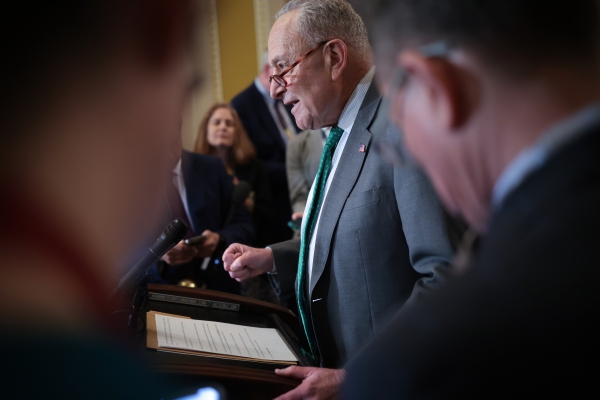 Senate Minority Leader Chuck Schumer, D-N.Y., speaks to reporters at the U.S. Capitol on Tuesday. Schumer and Democrats must decide if they will support a short-term spending bill that would keep the government funded through September.