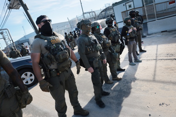 ICE agents confront protesters as they gather outside the federal immigration center at Delaney Hall on June 8, 2026, in Newark, New Jersey. The agency will receive tens of billions in new funding through the end of Trump's term under a GOP bill passed by Congress.