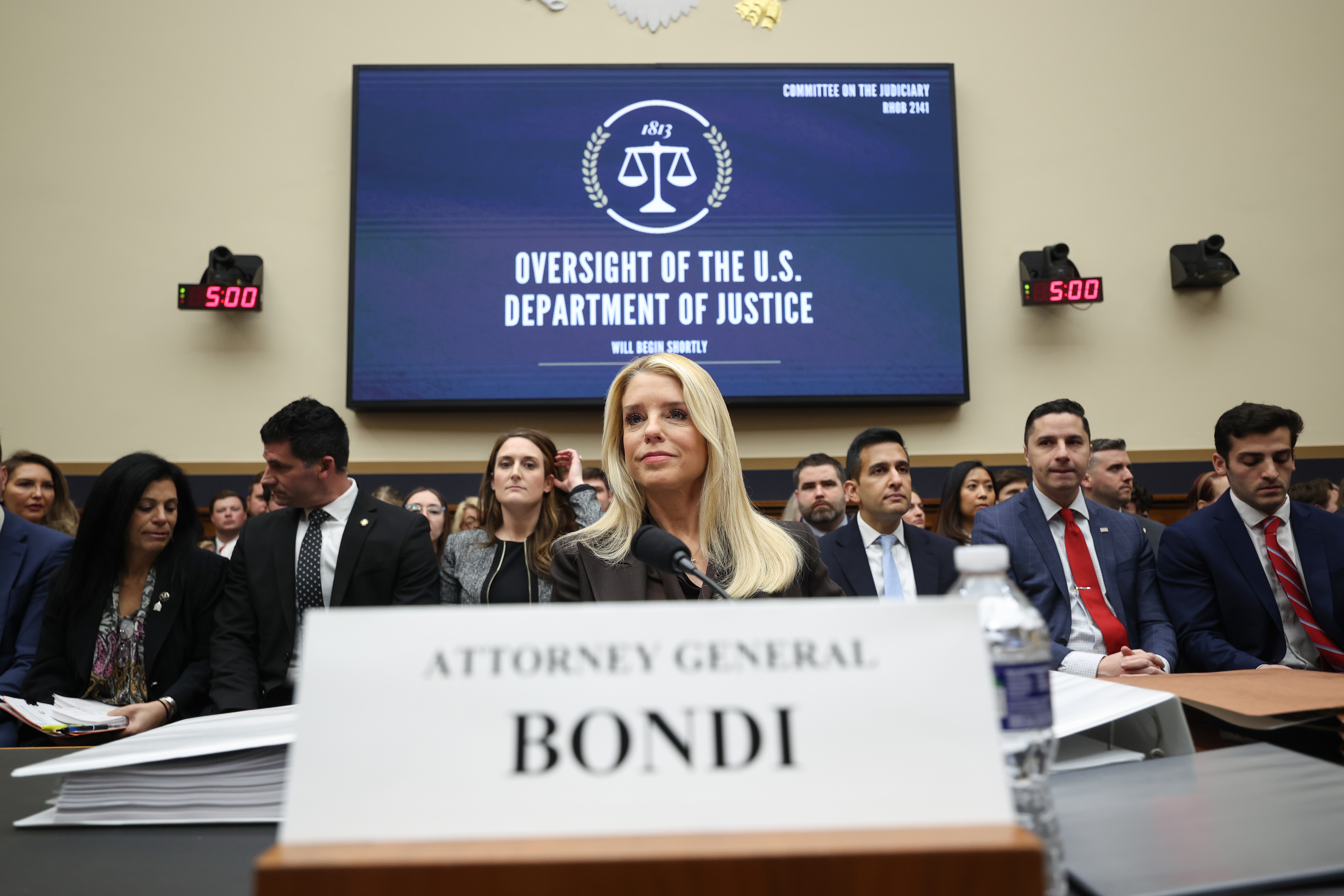 Attorney General Pam Bondi takes her seat before testifying before the House Judiciary Committee on Feb. 11. (Getty Images)