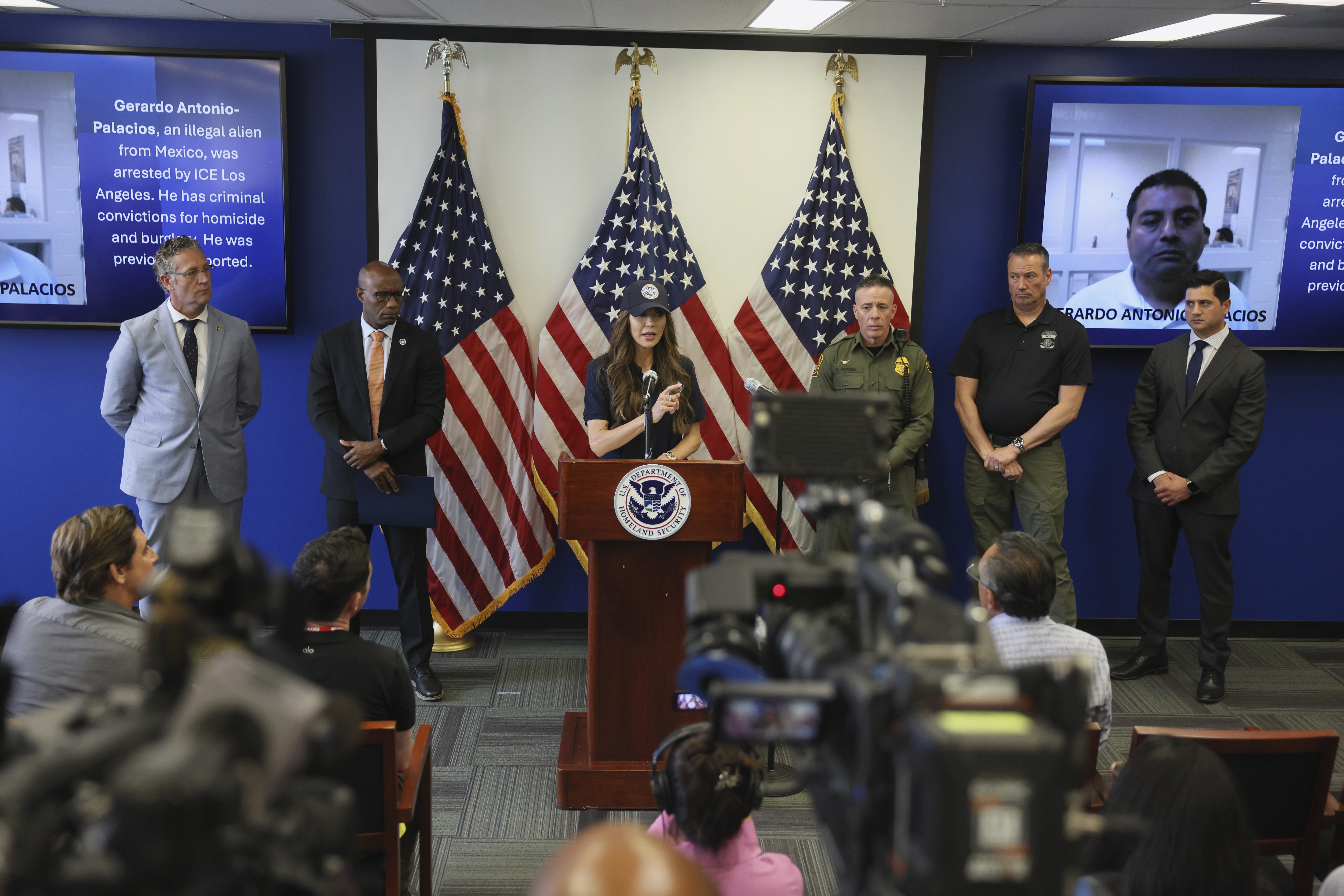 Secretary of Homeland Security  Kristi Noem held a news conference in Los Angeles on Thursday. She vowed to continue the immigration raids that have led to days of protests in the city and accusations that the Trump Administration is abusing its power. (AP)