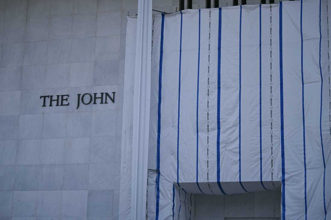 The scaffolding and tarp covering the facade of the Kennedy Center in Washington, D.C. on Aug. 13. The tarp remains one of the questions at the center of a federal lawsuit.