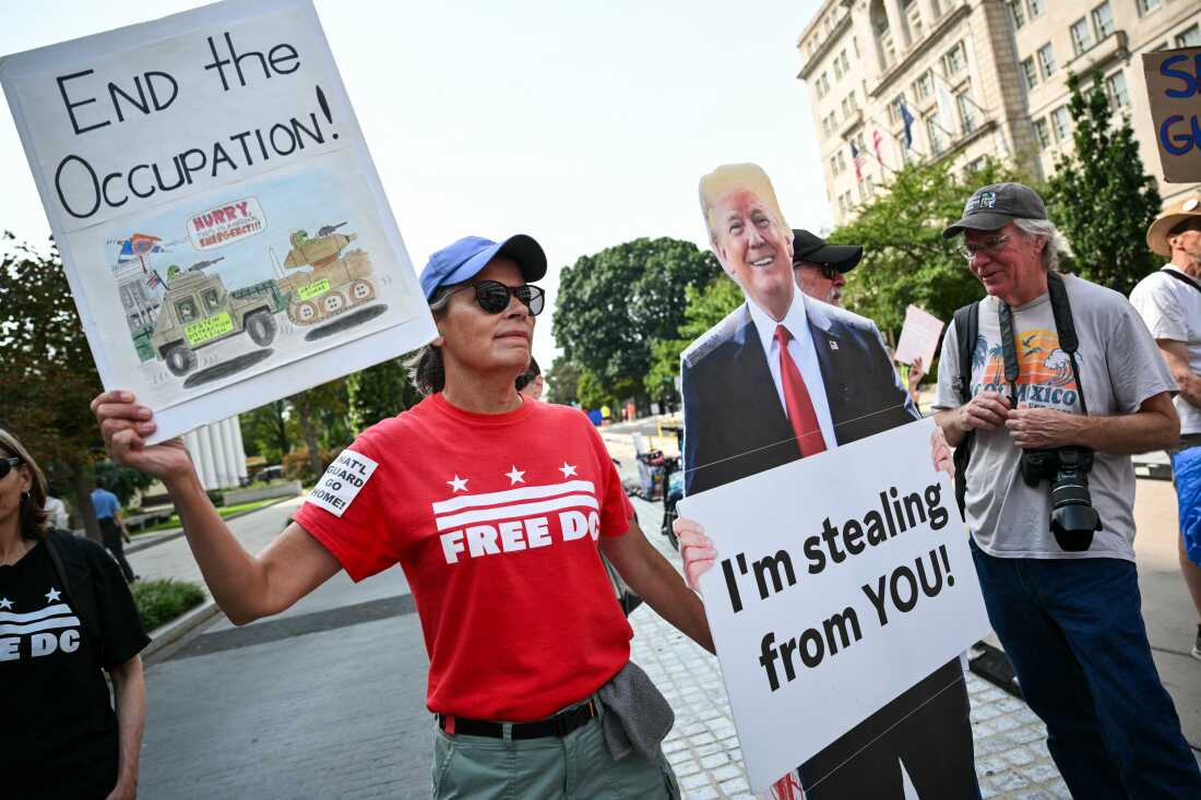Demonstrators rally during a "FreeDC" protest in Washington, DC, on August 11, 2026, to mark one year since US President Donald Trump deployed members of the National Guard into the city.