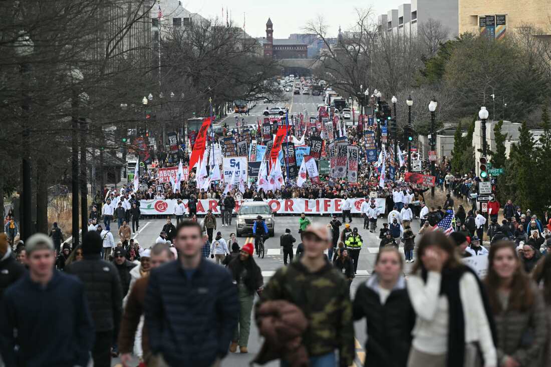 A crowd of people are shown marching down an avenue in a wide-angle view. A large banner that says "March for Life" is visible in front of part of the crowd.