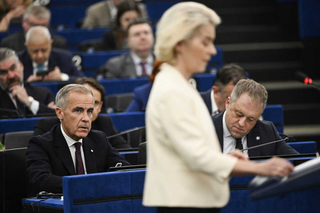 Canadian Prime Minister Mark Carney listens to European Commission President Ursula von der Leyen during her annual State of the Union address at the European Parliament in Strasbourg, France, on Sept. 16, 2026. Von der Leyen proposed opening the door for Canada to become the EU's first "associate member."