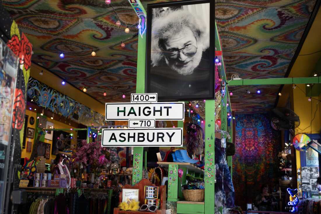 “Love on Haight” is a store on Haight Street in San Francisco that carries a lot of Grateful Dead memorabilia and tie dye clothing as well as a large photo of Jerry Garcia.