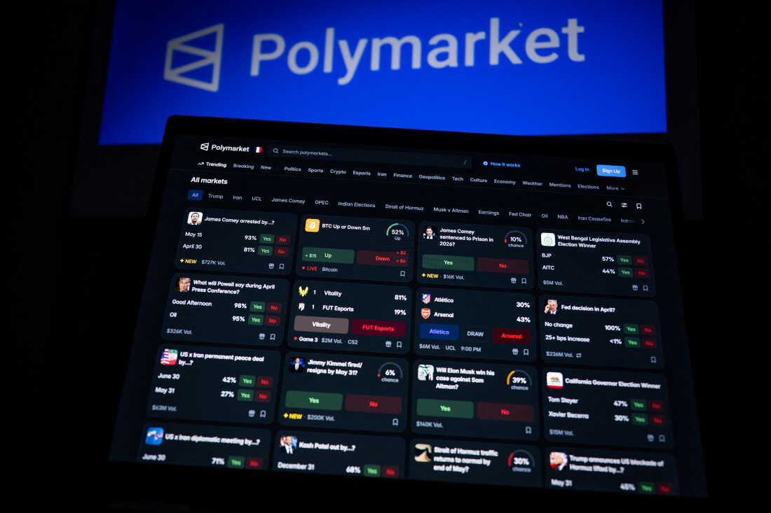 A screens display the home page of the cryptocurrency-based prediction market platform, Polymarket, on April 29, 2026.