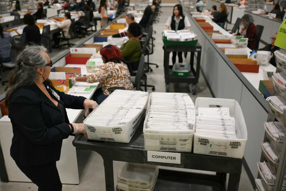 An election worker moves mail-in ballots to be organized for tabulation at the Los Angeles County Ballot Processing Center during California's state primary election in the City of Industry, California, on June 2, 2026.