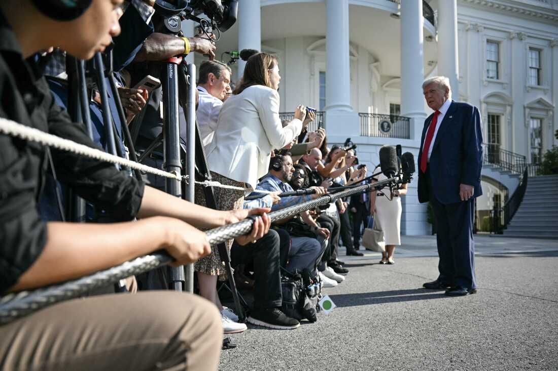 President Trump speaks to reporters at the White House on July 25, 2025, before leaving for Scotland.
