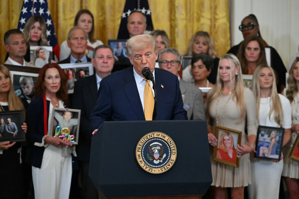 U.S. President Donald Trump speaks before signing the 'Halt All Lethal Trafficking of Fentanyl Act,' which strengthens prison sentences for fentanyl traffickers, in the East Room of the White House in Washington, DC, on July 16, 2025.